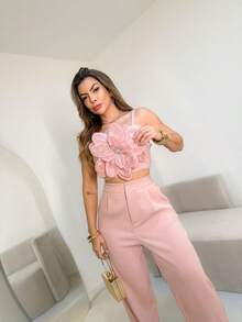 Premium Rhinestone Tailored Flower Cropped And Pant Set Flower/AL850 - Hồng - Xem 2