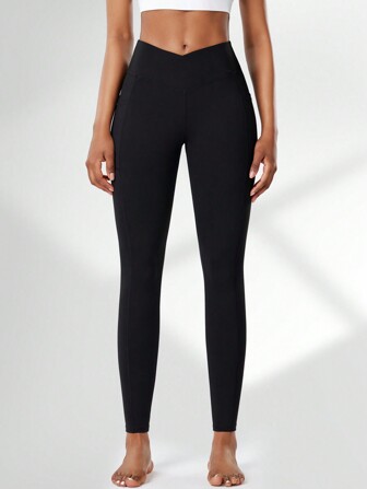 女士高腰瑜伽裤，带侧袋 - 交叉腰带，收腹，防走光，速干压缩紧身裤，适合健身房、普拉提等运动