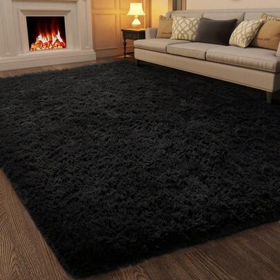Soft Shag Rugs For Bedroom, Black Fluffy Shaggy Rugs For Living Room, Luxury Modern Plush Carpet Girls Boys Room Dorm Indoor Home Decor, Upgrade Non-Slip