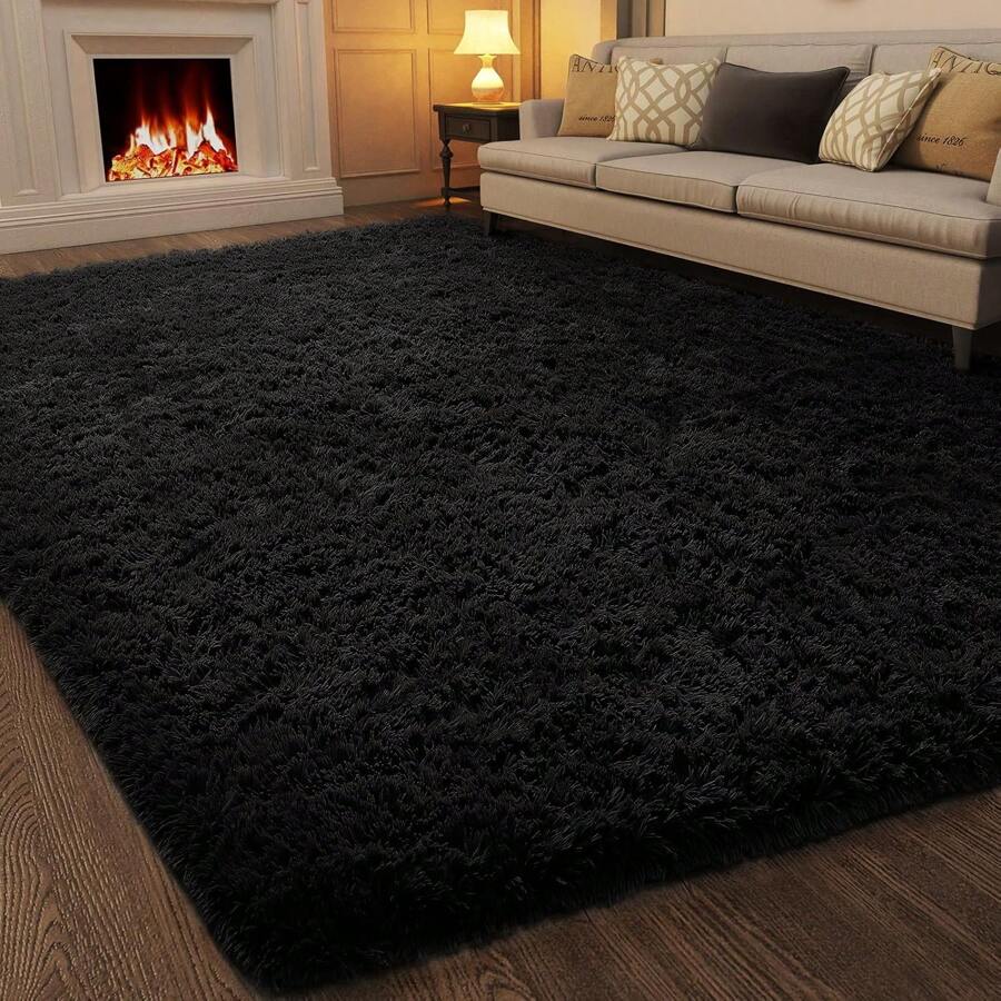 Soft Shag Rugs For Bedroom, Black Fluffy Shaggy Rugs For Living Room, Luxury Modern Plush Carpet Girls Boys Room Dorm Indoor Home Decor, Upgrade Non-Slip - 黑色 - 查看 1