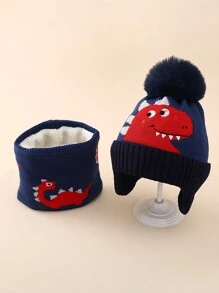 Set de 2 piezas: Gorro de esquí de punto con estampado de dinosaurio Y2K + Bufanda, gorra de invierno y calentador de cuello unisex para clima frío, uso casual de invierno