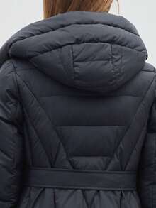 Women's Long Hooded Padded Coat With Belt - Black - View 9