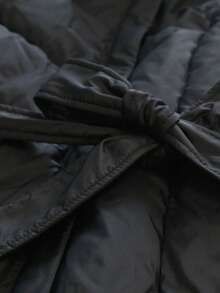 Women's Long Hooded Padded Coat With Belt - Black - View 8