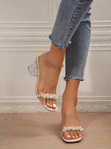 Women's Square Toe Rhinestone & Faux Pearl Decor Chunky Heel Transparent PVC Crystal Heel Sandals, White Bridal Shoes - Beige - View 5