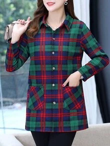 女士休闲格子双口袋保暖衬里衬衫，秋冬