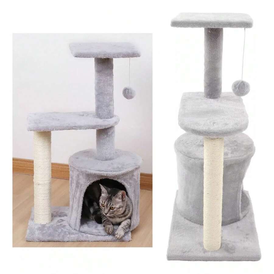 Mini trampolín de gato de tres pisos, Plataforma de gato, estante de gato, tablero de agarre de gato y juguete de gato de casa de gato - Gris - Ver 1