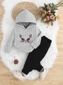 2pcs/Set Baby Girl Striped Fabric Cat Embroidery Hoodie Top And Pants Set - Multicolor - View 1