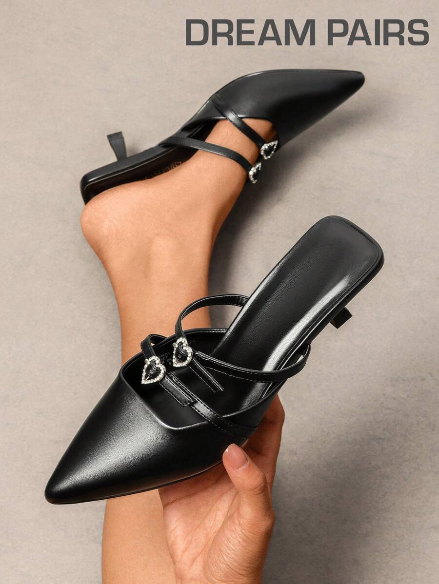Women's Pointed Toe Kitten Heel Mules Rhinestone Accent Fashionable Elegant Pumps Festival Party Disco Party Sexy Chic Stiletto Shoes - 黑色 - 查看 1