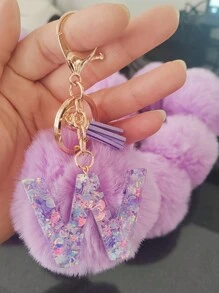 Initial Letter Keychain Pendant Resin Letter Keychain Wallet Backpack Accessory, Purple Fur Ball And Letters, Is The Best Gift For Family And Loved Ones, Letters A-Z Are Available For Selection, Fashionable Items, Alphabet Pendant For Bags - Purple - View 6