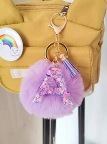Initial Letter Keychain Pendant Resin Letter Keychain Wallet Backpack Accessory, Purple Fur Ball And Letters, Is The Best Gift For Family And Loved Ones, Letters A-Z Are Available For Selection, Fashionable Items, Alphabet Pendant For Bags - Purple - View 3