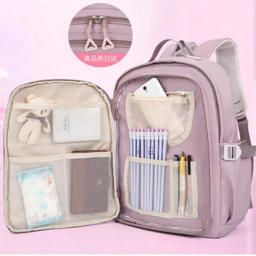 Large School Backpack Children's Unisex Open 180 Degree Waterproof Nylon Wide Back Strap Protection - Hồng - Xem 1