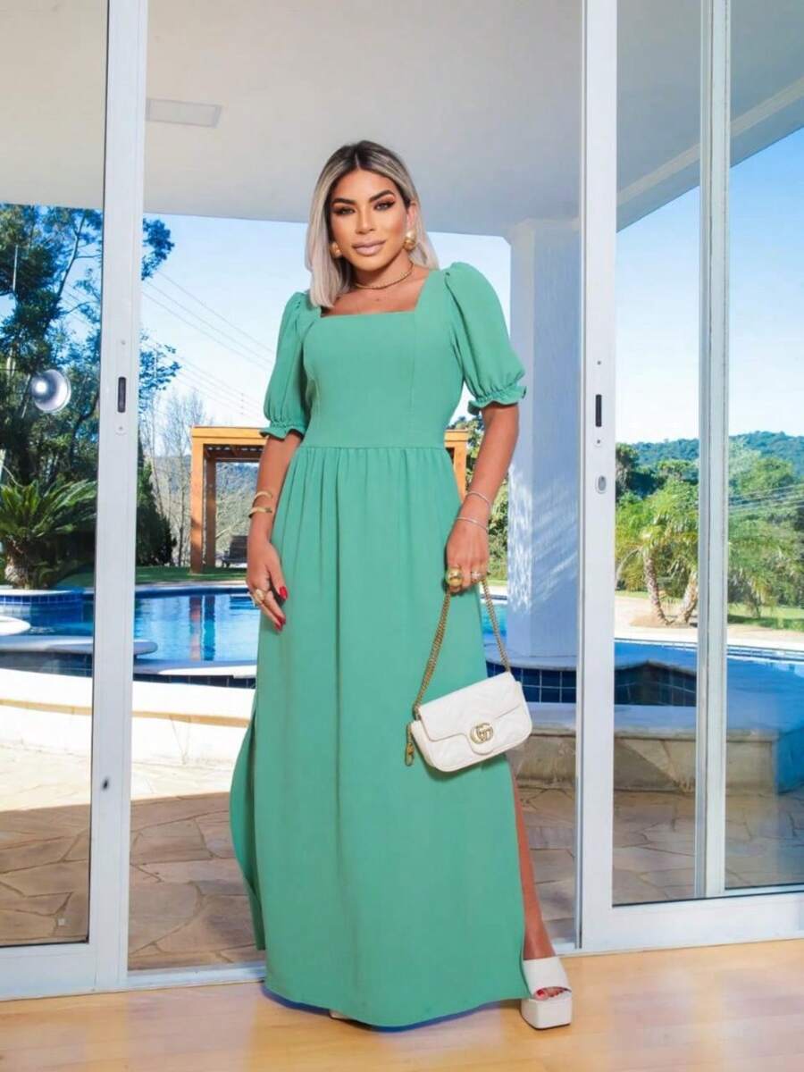 Women's Long Dress With Sleeves And Elegant Side Slit - 薄荷綠 - 查看 1
