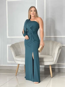 Long Dress With Sleeves For Bridesmaid Wedding Graduation Light Party - Dark Green - View 2