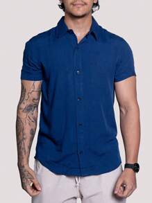 Linen Shirt Short Sleeve Formal Summer Fresh Italian Collar Elegant In Visco-Linen - Blue - View 3