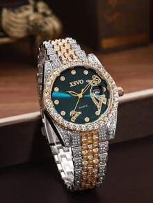 1 件简约高品质钻石点刻度表盘镶钻钢带石英表，适合生日礼物、万圣节礼物 - 彩色 - 查看 6