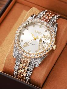 1 件简约高品质钻石点刻度表盘镶钻钢带石英表，适合生日礼物、万圣节礼物 - 彩色 - 查看 7