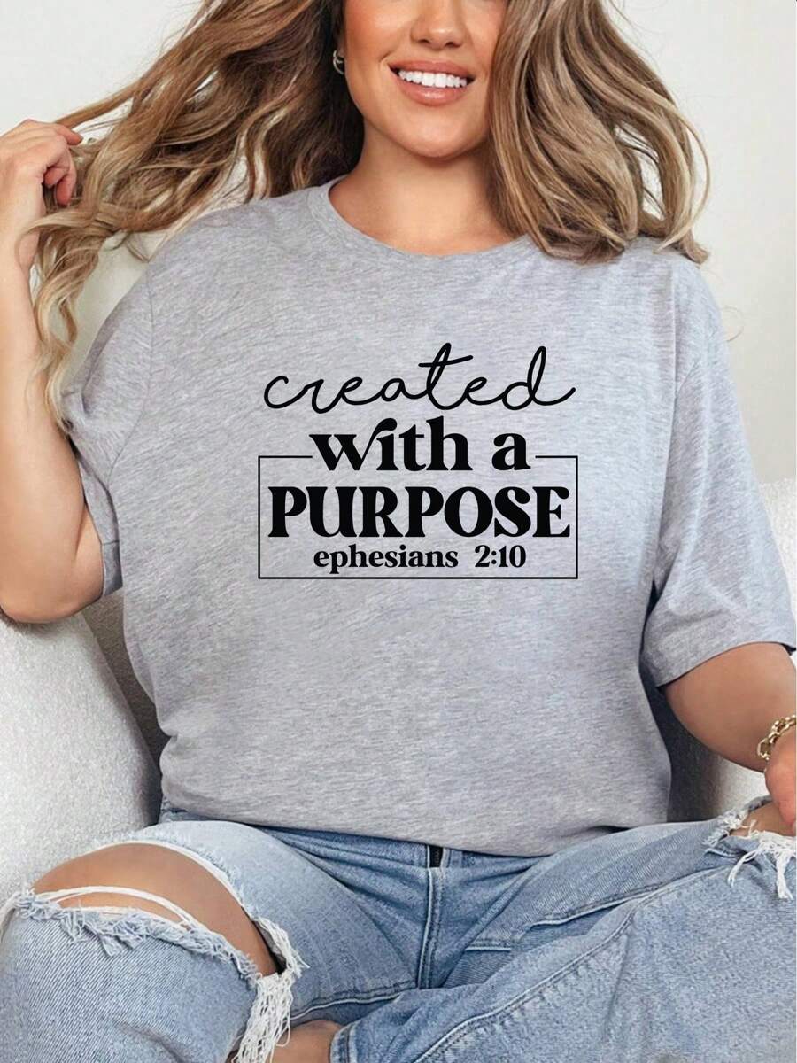 Oversized Style For Women, Created With A Purpose Graphic T-Shirt, Unisex Cotton Comfortable Casual Wear, Popular Quotes Print Tee, Loose Type T-Shirt For Women - 灰色 - 查看 1