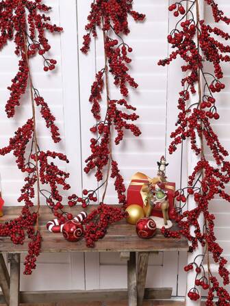 1 pieza Guirnalda artificial de bayas de acebo - Decoración navideña interior/exterior. Corona de bayas, regalo de Navidad. Ambiente navideño. Árbol de Navidad. Ventana. Decoración del umbral