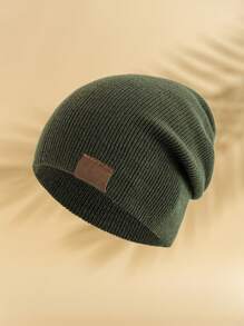 1pc Unisex Simple Fashionable Hat With Leather Label Winter Fall - Army Green - View 1
