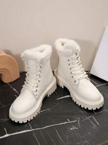 Fall/Winter Women's Fluffy Lining Solid Color Fur Trim Winter Warm Outdoor Ankle Boots, Heated Snow Boots. Fleece Boots - White - View 6