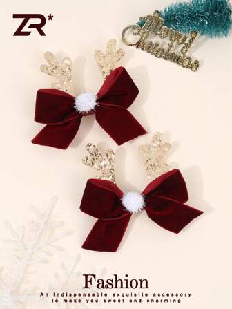 2pcs Women Christmas Golden Antlers Red Bow Hair Clips,Cute Velvet Hair Bows Christmas Hair Accessories,Perfect For Christmas Parties