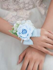 6 件装蓝玫瑰花配人造绿植，浪漫珍珠链腕花，适合婚礼装饰、庆典、周年纪念 - A - 查看 6