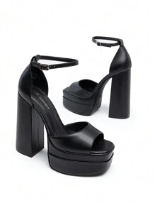 New Arrival Women Fashion Ankle Strap Platform Chunky Heeled Sandals, Sexy Peep Toe Ultra High Heel Sandals For Festival Party, Nightclub Date - Black - View 4