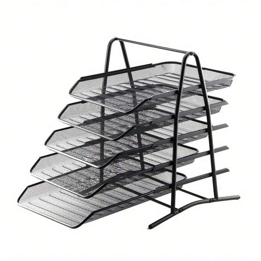 5 Tier File Rack Letter File Trays Office Filing Trays Holder Mesh Letter Tray Desk Organiser Paper File Storage Black - 黑色5層文件架 - 查看 1