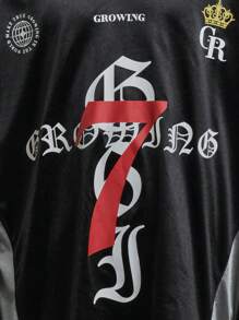 Maglietta a maniche lunghe oversize da uomo con stampa di lettere e numeri stile gotico americano di strada e pannelli a contrasto