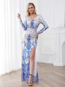 V 领闪亮多色开叉长袖连衣裙，优雅半正式舞会礼服，适合生日、婚礼嘉宾、毕业返校节