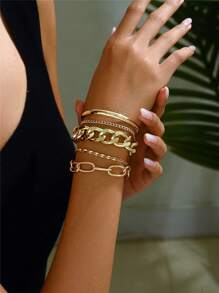 4 件/套金手链套装，简约粗金链手链，朋克链式手链套装，黄金首饰套装，适合日常、派对、节日、送给她的礼物 - 銀色 - 查看 5