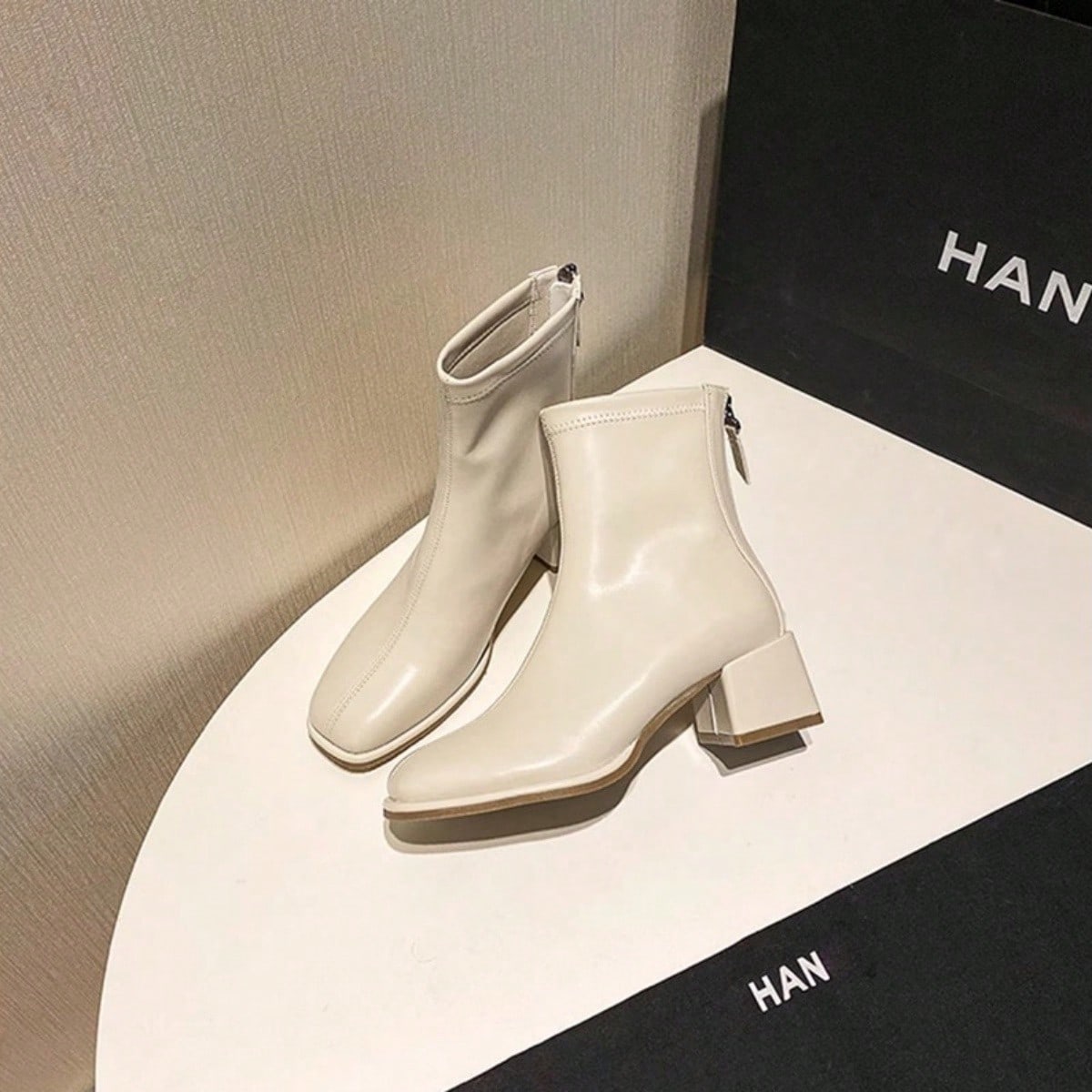Botas cortas de tobillo para mujer, tacón grueso, tacón alto, botas delgadas blancas, estilo francés