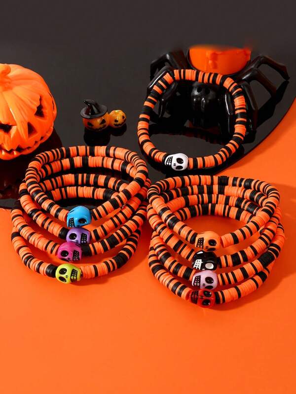 1pc Halloween Colorful Skull Beaded Bracelet, Novelty Charm Bracelet
