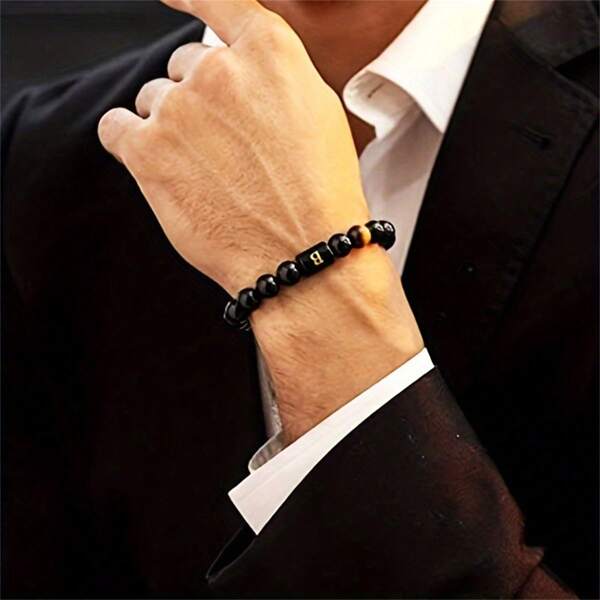 1pc ajustável preto 26 letras 10mm pulseira de contas sintéticas, presente para homens e mulheres, pulseira de tecido