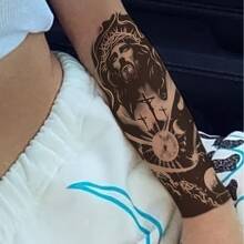 1pc Unique Jesus Motif Long Lasting Herbal Tattoo Sticker, Suitable For Any Occasion - Black and White - View 5