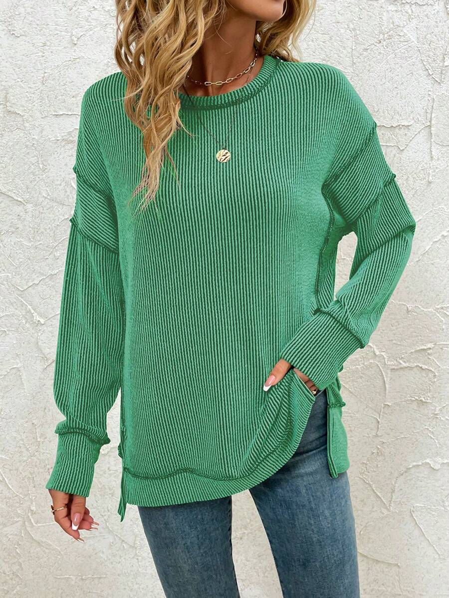 Camisa de mujer de manga larga, sudadera holgada y acanalada de otoño, blusa casual con abertura lateral y cordón en la cintura para primavera - Verde - Ver 1