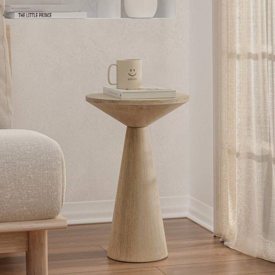 COZAYH Small Pedestal End Table Round Farmhouse Martini Table Wood Plant Stand Rustic Drink Table For Small Space Living Room, Walnut, Black, White,Light Natural Wood - 光滑錐體底座輕木 - 查看 1