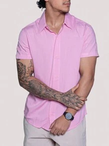 Linen Shirt Short Sleeve Formal Summer Fresh Italian Collar Elegant In Visco-Linen - Màu hồng gỉ - Xem 4