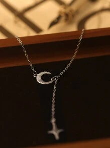 1 chiếc vòng cổ hình ngôi sao và mặt trăng rỗng bằng bạc Sterling 925 mạ bạch kim, trang sức bạc tinh xảo sang trọng hình ngôi sao sáng bóng, phù hợp cho phụ nữ đeo hàng ngày và hẹn hò - Bạc - Xem 4