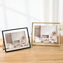 1pc Transverse Black Metal Photo Frame, Photo Desktop Decorative Frame, Acrylic Transparent Stand Photo Frame, Fall Farmhouse Room Decor