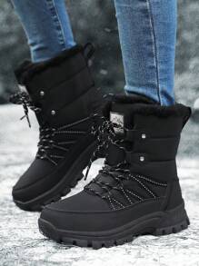Botas de nieve de forro polar para mujer, botas de invierno de media pantorrilla de moda, botas deportivas de senderismo con cordones para exteriores, zapatos de invierno casuales, color negro
