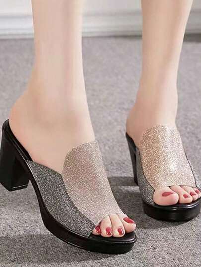 Women Summer Fashion Gold Color Block High Heel Sandals Ladies Outdoor Casual Slippers