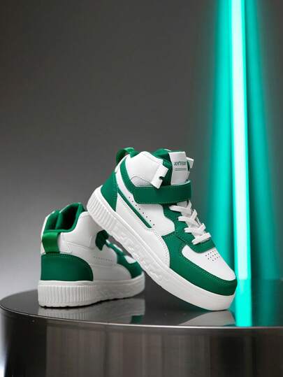 1 Pair Kids High-Top Casual Sneakers, PU Leather, Indoor/Outdoor, Lightweight, Non-Slip, Breathable, Comfortable, Retro Style, Suitable For Boys & Girls Aged 6-16