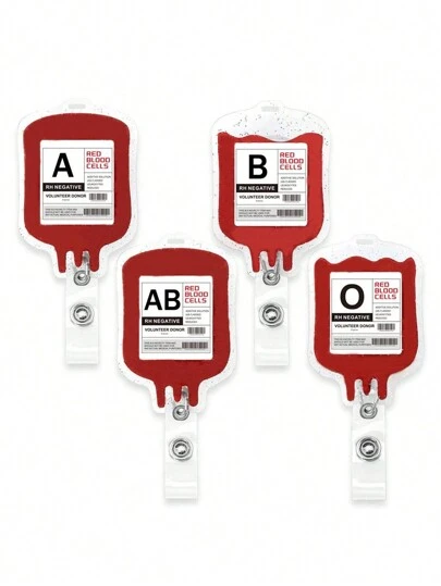 1pc/4pcs Acrylic Glitter Blood Bag Keychain With Blood Type, Crocodile Clip, Suitable For Doctor, Nurse, Student Badge, Retractable Badge Reel Back To School