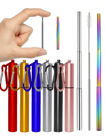3pcs/Set Portable Retractable Stainless Steel Straw Set, Reusable Collapsible Foldable Metal Drinking Travel Telescopic Straws With Case And Cleaning Brushes, Suitable For Outdoor Camping, Hiking, Back To School, Christmas Gift