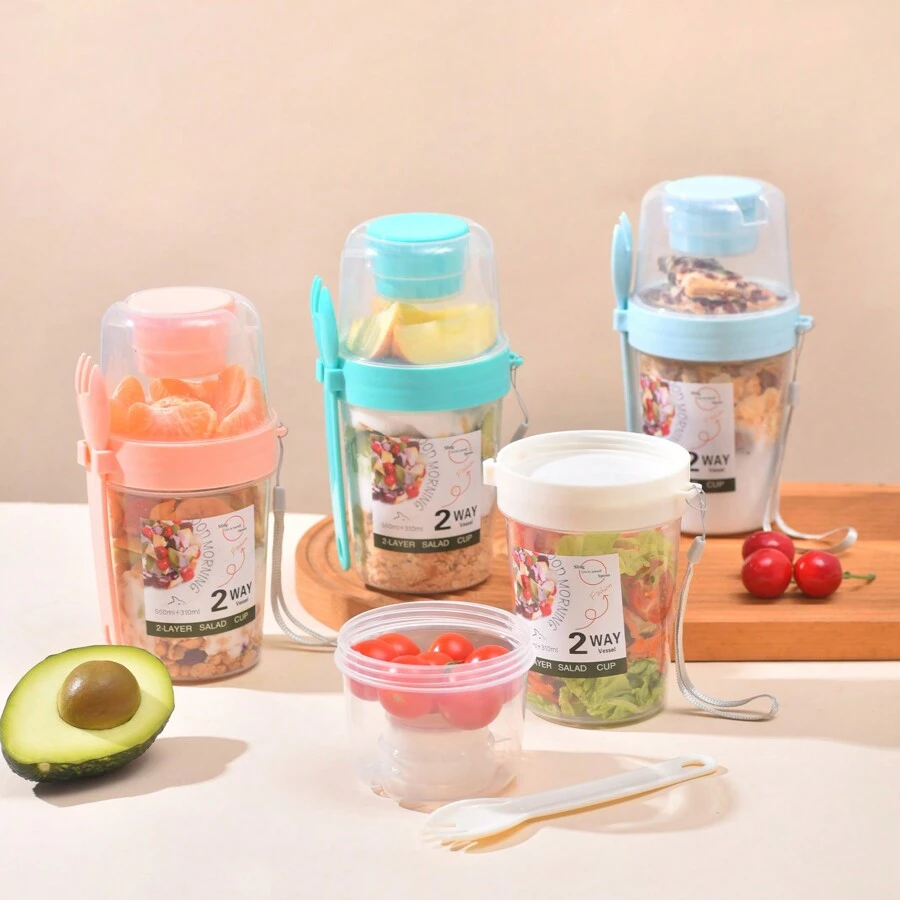 沙拉杯减肥便携式塑料个人水果蔬菜杯带叉子和盖子，适用于酸奶 - 粉色 - 查看 1