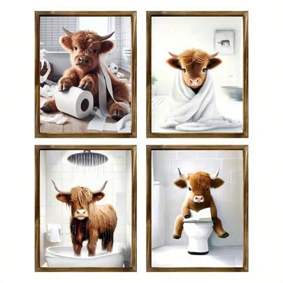 4Pcs, Wall Art Prints Decor, Highland Cow Funny Animal, For Rustic Farmhouse Bathroom, UNFRAMED,Canvas,Poster Gifts Birthday Graduation