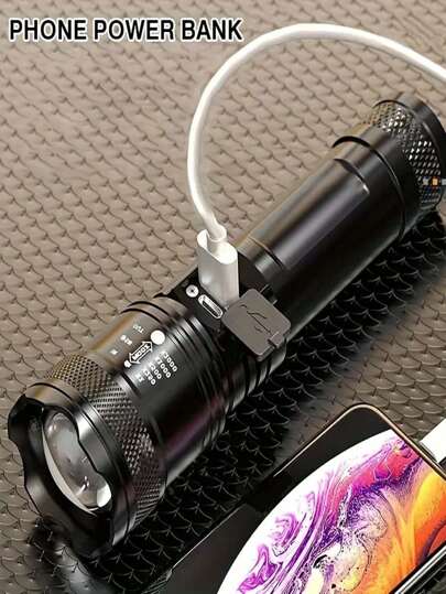1pc LED Outdoor Telescopic Focusing Powerful Flashlight, Portable Handheld, Super Bright Flashlight With Zoom, USB Type-C Fast Charging, Waterproof Lantern Torch, Built-In 18650 Battery, IPX7 Waterproof, Real-Time Battery Display, Multi-Modes, Outdoor Camping Hiking Essential, Daily Commute Lighting Tool, Christmas, Halloween, Holiday Lighting Decor Necessity