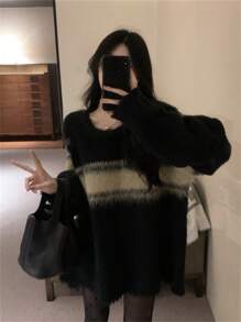 女式黑色宽松长袖针织毛衣上衣，适合秋冬季