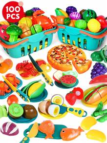 48件/100件彩色过家家玩具套装 - 角色扮演切菜玩具、儿童厨房配件、幼儿分类/精细动作技能玩具、学前教育玩具、毛毡食物、儿童食物玩具、迷你玩具食物 - 彩色 - 查看 11